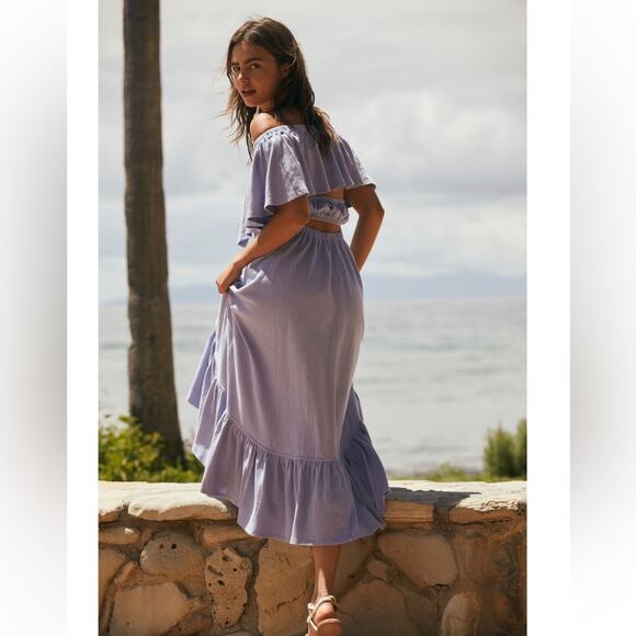 FREE PEOPLE Womens Off The Shoulder Midi With Back Cut Out Ruffle Hem Size XS - Picture 1 of 5